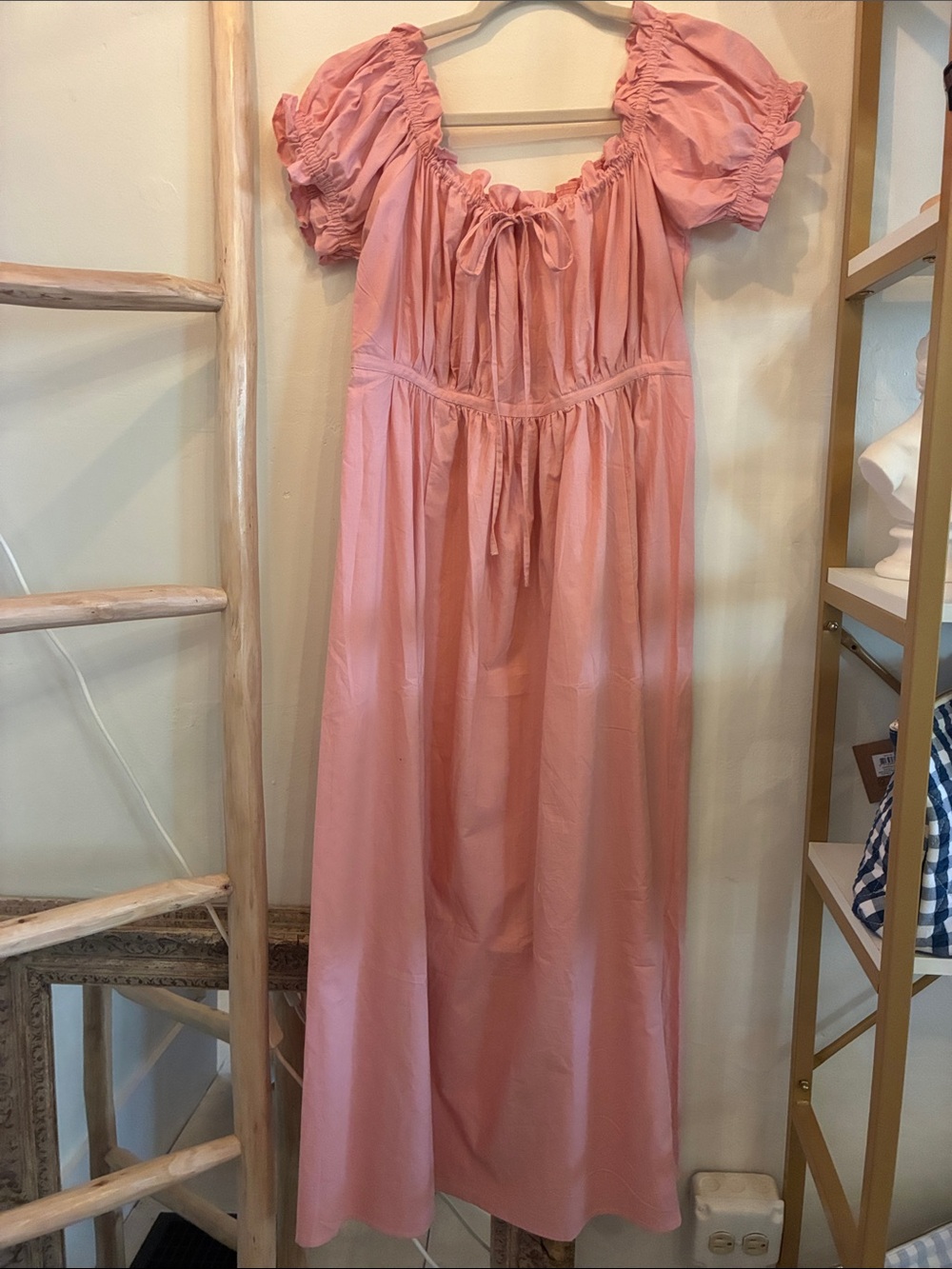 Women's Pink Puff-Sleeve Maxi Dress with Tie Front